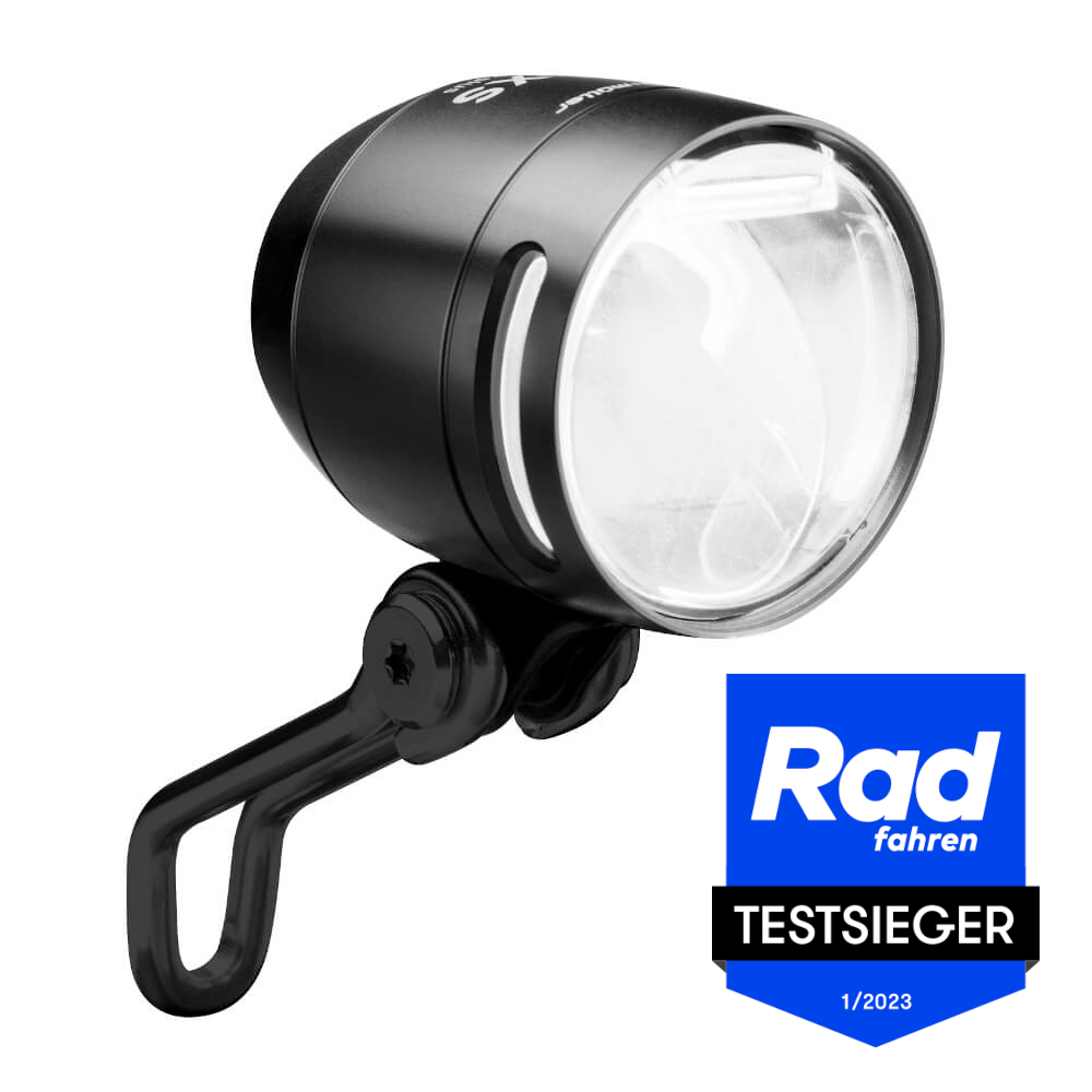 BUSCH & MÜLLER IQ-XS | Dynamo-Scheinwerfer | 80 Lux | schwarz | Tagfahr-LEDs, Standlicht