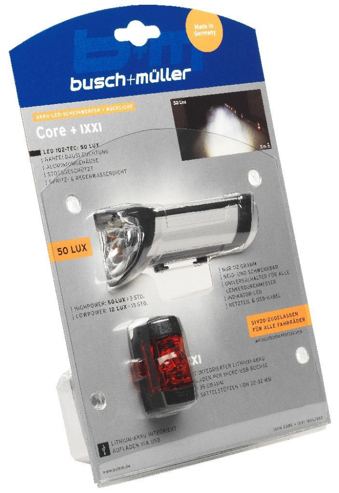 Busch & Müller Beleuchtung, IXON CORE & IXXI (SI), SET (vorn & hinten), silber & rot/schwarz, Akku-Scheinwerfer IXO
